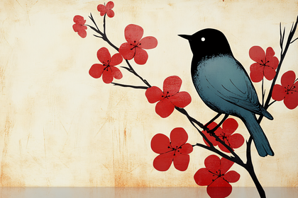 Bird Perched on Cherry Blossom Branch