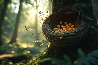 Bird Nest With Yellow Eggs Beside A Mossy Tree