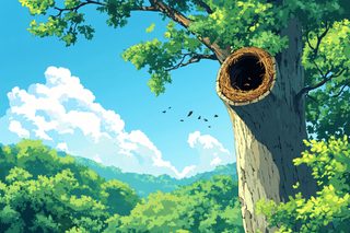 Anime Style Forest Landscape with Tree Nest and Blue Sky