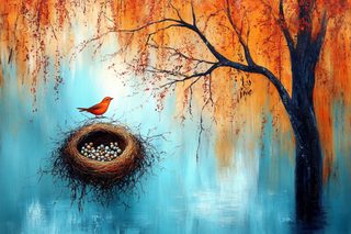Autumn Scene: Bird on Nest with Eggs under Tree