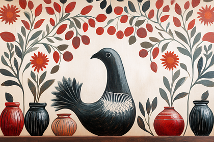 Bird with Floral Branches and Pots
