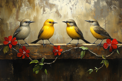 Birds on a Wooden Beam with Flowers
