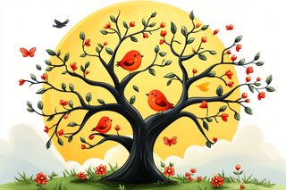 Birds On Blooming Tree