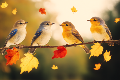 Birds on Branch with Autumn Leaves