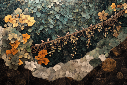 Birds on Branch with Golden Leaves