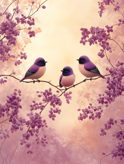 Birds on Branch with Purple Flowers