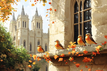Birds on Stone Ledge Building