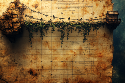Birds On Wire Bridge Sketch On Aged Paper