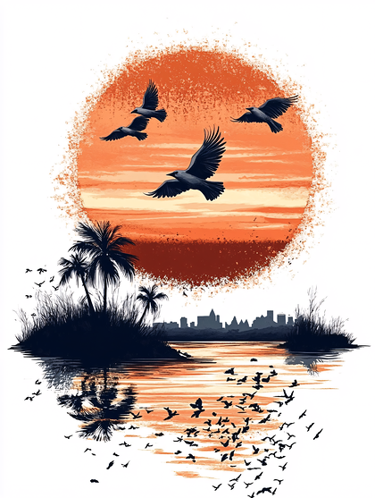 Birds Over Island at Sunset