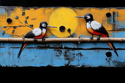 Birds Perched on Wooden Branch Art