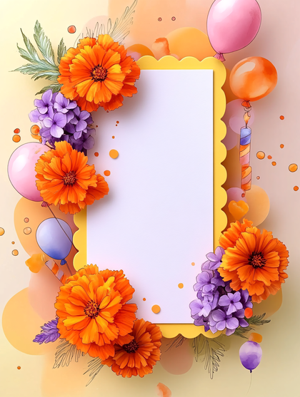Birthday Card with Flowers and Balloons