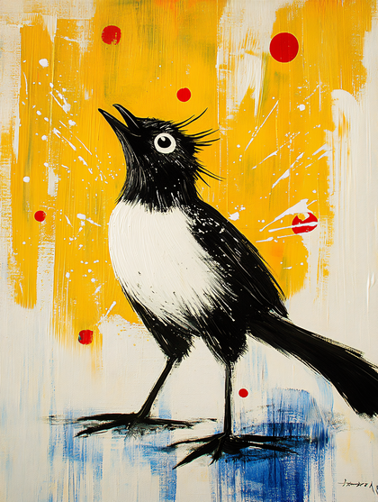 Black and White Bird with Yellow Backdrop