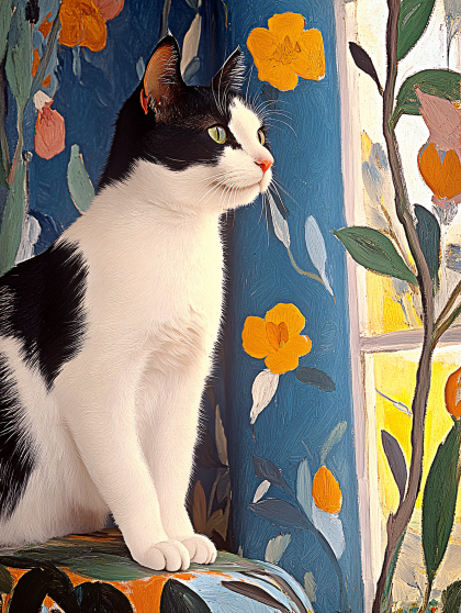 Black And White Cat With Floral Background