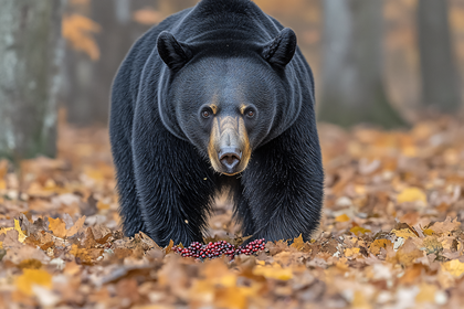 Black Bear Foraging in Autumn Leaves