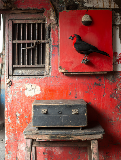 Black Bird Perched On Red Wall