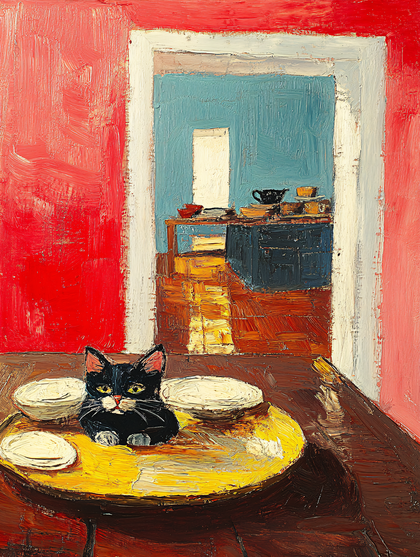 Black Cat And Empty Bowls Painting