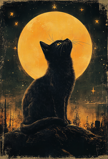 Black Cat Gazing at the Moon