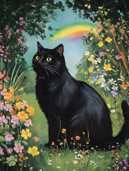Black Cat in a Floral Garden with Rainbow