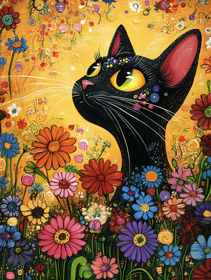 Black Cat in a Floral Garden