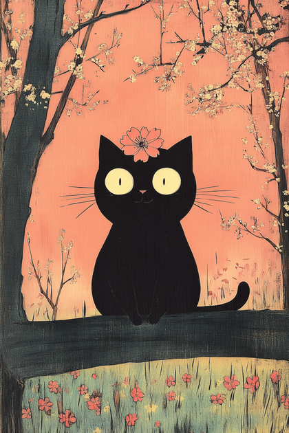 Black Cat in Blossom Garden