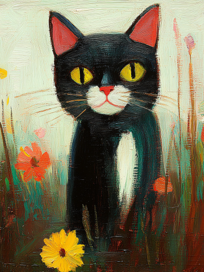 Black Cat In Flower Field