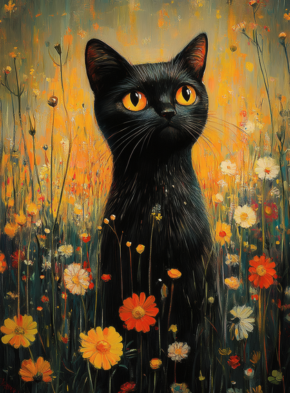 Black Cat in Flower Field