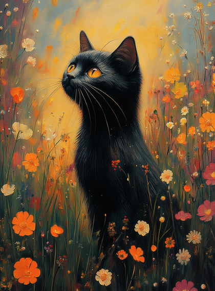 Black Cat in Wildflower Meadow