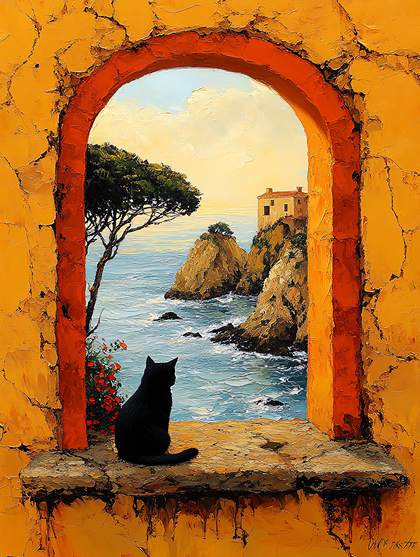 Black Cat On Arched Window Sill