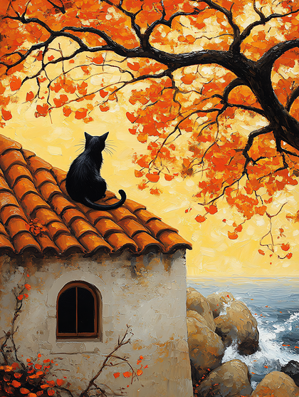 Black Cat on Autumn Rooftop