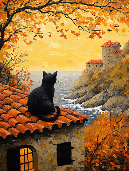 Black Cat Overlooking Autumn Coast