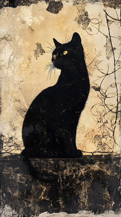 Black Cat Perched on Stone Ledge