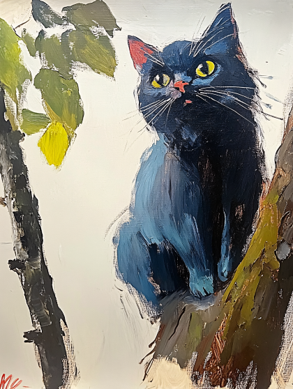 Black Cat Perched on Tree Branch
