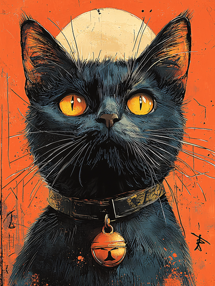 Black Cat with Golden Eyes and Bell