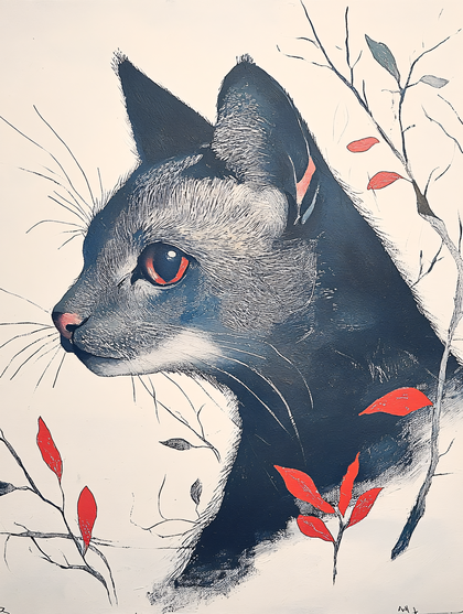 Black Cat with Red Leaves