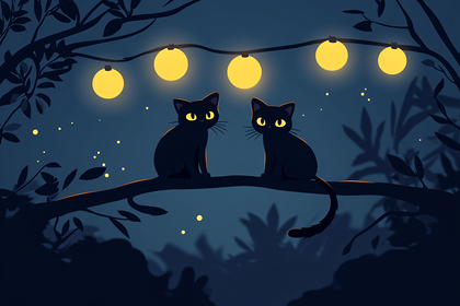 Black Cats Under String Lights