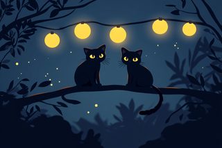 Black Cats Under String Lights