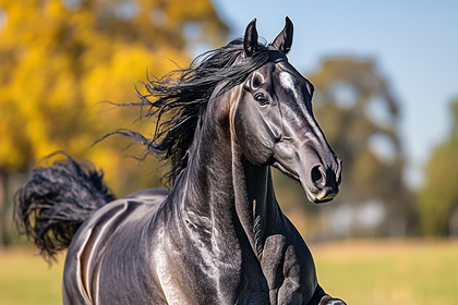 Black Stallion Galloping Freely In Meadow