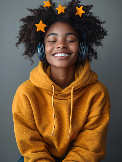 Blissful Afro Haired Woman Enjoying Music