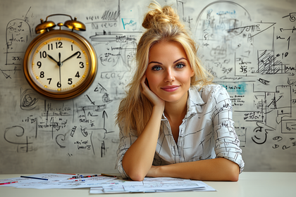 Blonde Woman At Desk With Drawings And Clock