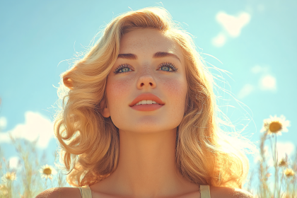 Blonde Woman In Daisy Field