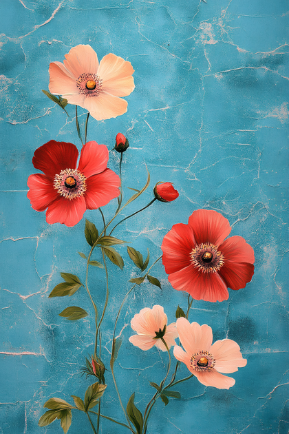 Blooming Poppies on Textured Blue