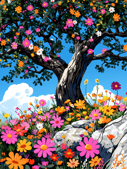 Blooming Tree in Flower Field