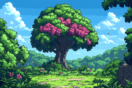 Blooming Tree In Lush Landscape