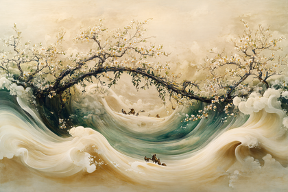 Blossoming Branch Over Gentle Waves