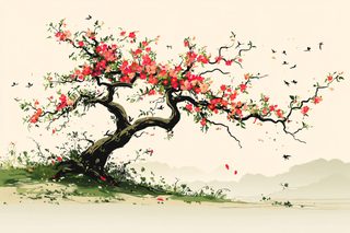 Blossoming Tree And Birds