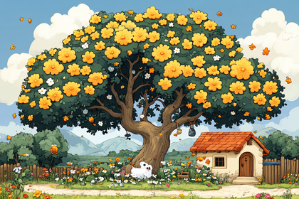 Blossoming Tree and Cottage