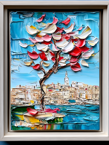 Blossoming Tree Cityscape Impasto Painting