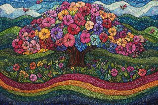Blossoming Tree Mosaic in Vibrant Landscape