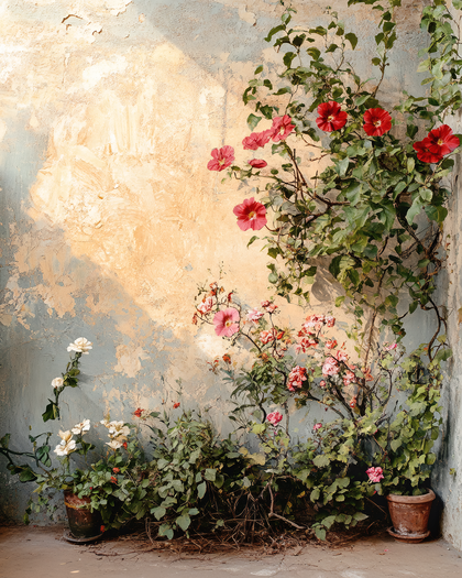 Blossoming Vines Against Weathered Wall