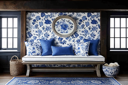 Blue and White Floral Bench Setting